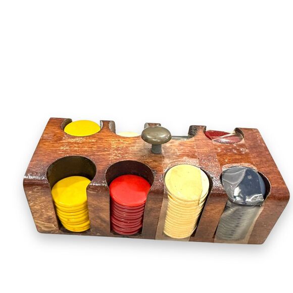 Bakelite Plastic Poker Chips w/Wood Holder Vintage Small Miniature Caddy W/Cover - Picture 3 of 14